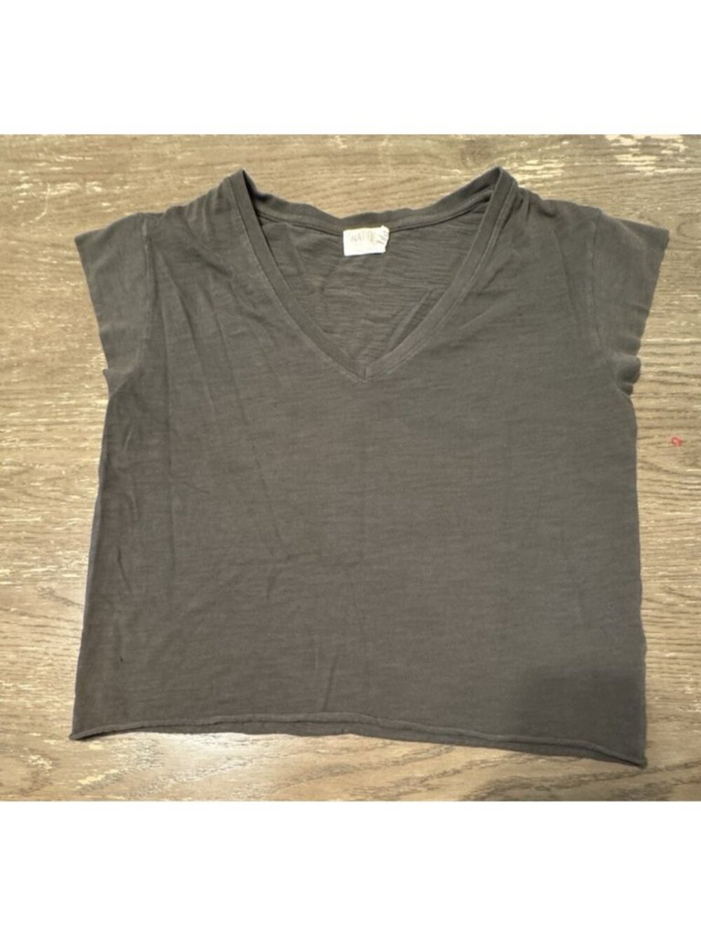 Nation LDT Olive Green Large V Neck Boxy Raw hem T Shirt Tee Quiet Luxury Basic